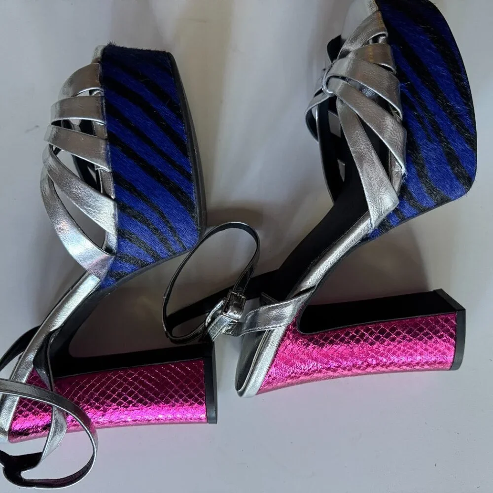 Jeffrey Campbell Rockin' Out Ankle Strap Platform Sandal Blue Zebra Calf Hair